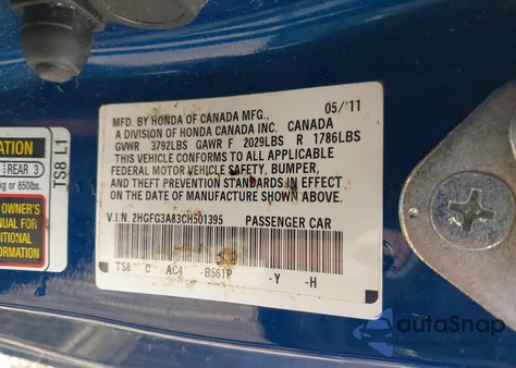 2012 Honda Civic Ex from USA, damaged, VIN 2HGFG3A83CH501395